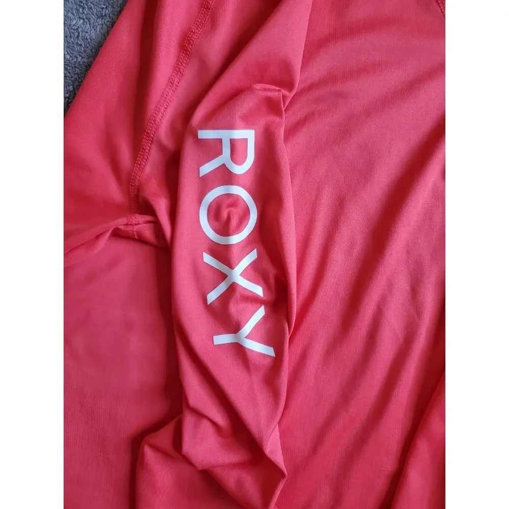 ROXY Long Sleeve Rash Guard Shirt Swim Surf.  Pink White Text Logo Size Girls M